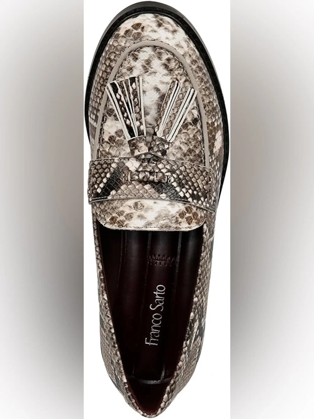 Franco Sarto Snake-Print Tassel Loafers in Neutral Brown and Black - Picture 5 of 5